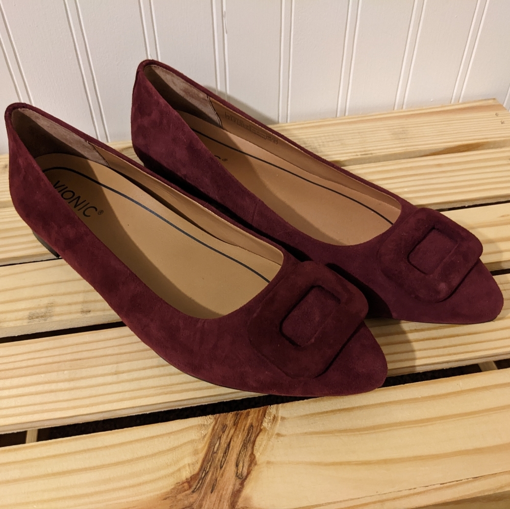 Vionic Burgundy Suede Pointed Toe Flats with Buckle Accent